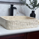 Rectangle Tan Travertine Vessel Bathroom Sink - Handcrafted Natural Stone Above Counter Vanity Basin