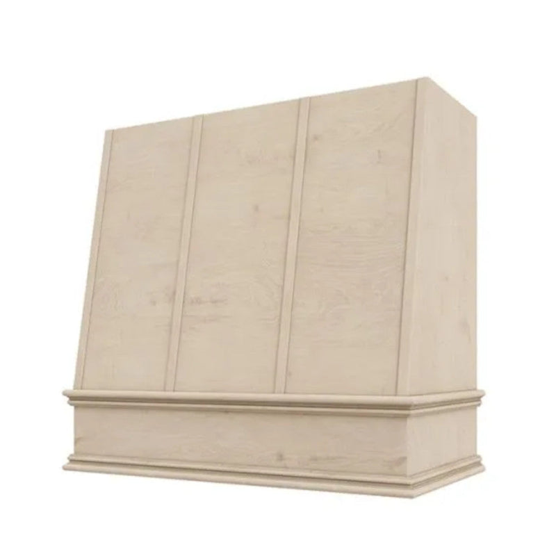 Unfinished Wood Range Hood With Angled Strapped Front and Decorative Trim - 30", 36", 42", 48", 54" and 60" Widths Available