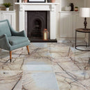Angora gold 24x24 polished installed living room floor antique fireplace blue armchair square