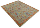 Vintage Style Rust, Pink and Blue Hand Knotted Traditional Oushak Multi Size wool Area Rug