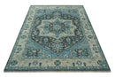 Antique look Hand Knotted Beige and Blue Traditional Heriz Wool Area Rug