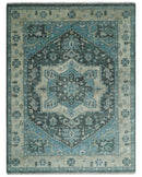 Antique look Hand Knotted Charcoal, Camel and Blue Traditional Heriz Serapi Multi size Wool Area Rug