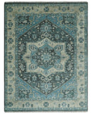 Antique look Hand Knotted Beige and Blue Traditional Heriz Wool Area Rug