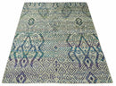8x10 Hand Knotted Beige and Blue Persian Recycled Silk Area Rug