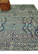 8x10 Hand Knotted Beige and Blue Persian Recycled Silk Area Rug