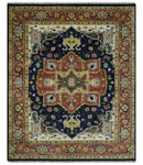 Blue and Rust Hand Knotted Traditional Heriz Style Multi Size Wool Area Rug
