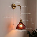 Antique brass and green glass wall lamp bedroom sconce with pull chain