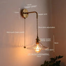 Antique brass and green glass wall lamp bedroom sconce with pull chain