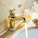 Antique brass bathroom basin water mixer with blue floral ceramic handle