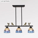 Antique brass & blue indoor island pendant – kitchen stained glass shade