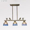 Antique brass & blue indoor island pendant – kitchen stained glass shade