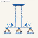 Antique brass & blue indoor island pendant – kitchen stained glass shade