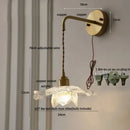 Antique brass flower glass led wall light bedroom sconce with pull chain