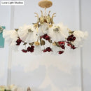 Antique brass & white porcelain red floral chandelier living room ceiling light