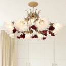 Antique brass & white porcelain red floral chandelier living room ceiling light
