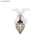 DecorBites™ Deer Head Wall Lamp: Countryside Resin Sconce with Lantern Crystal Shade in White/Brown