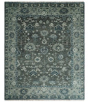 Antique Charcoal And Silver Hand Knotted Oushak Traditional Wool Rug