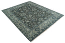 Antique Charcoal And Silver Hand Knotted Oushak Traditional Wool Rug
