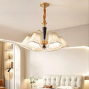 Antique copper chandelier with pleated shades for dining room