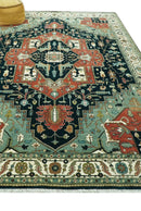 Antique Design Rust, Teal and Green Fine Hand knotted Traditional Heriz 9x12 wool area rug