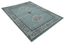 Antique Finish Hand Knotted 8x10 Blue, Silver and Charcoal Traditional Low Pile Wool Area Rug