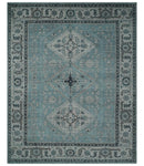 Antique Finish Hand Knotted 8x10 Blue, Silver and Charcoal Traditional Low Pile Wool Area Rug