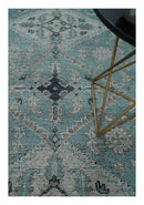 Antique Finish Hand Knotted 8x10 Blue, Silver and Charcoal Traditional Low Pile Wool Area Rug
