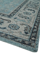 Antique Finish Hand Knotted 8x10 Blue, Silver and Charcoal Traditional Low Pile Wool Area Rug