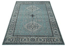 Antique Finish Hand Knotted 8x10 Blue, Silver and Charcoal Traditional Low Pile Wool Area Rug