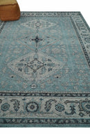 Antique Finish Hand Knotted 8x10 Blue, Silver and Charcoal Traditional Low Pile Wool Area Rug