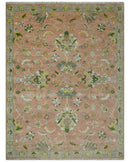 Antique Floral Peach, Green, Mustard and Ivory Hand Knotted 9x12 wool area Rug