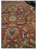 Antique Floral Style Rust, Teal, Ivory and Olive Hand Knotted Oriental Oushak 8x10 Wool Area Rug