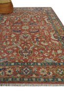 Antique Floral Style Rust, Teal, Ivory and Olive Hand Knotted Oriental Oushak 8x10 Wool Area Rug