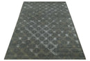 Antique look Charcoal, Ivory and Olive Geometrical Stripes Pattern Hand knotted 6x9 wool and Art Silk Area Rug