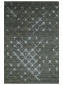 Antique look Charcoal, Ivory and Olive Geometrical Stripes Pattern Hand knotted 6x9 wool and Art Silk Area Rug