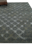 Antique look Charcoal, Ivory and Olive Geometrical Stripes Pattern Hand knotted 6x9 wool and Art Silk Area Rug