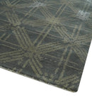 Antique look Charcoal, Ivory and Olive Geometrical Stripes Pattern Hand knotted 6x9 wool and Art Silk Area Rug