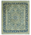 Antique look Gray, Olive and Blue 8x10 Traditional Heriz Hand Knotted wool Rug