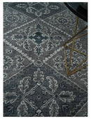 Antique Look Hand Knotted 8x10 Charcoal and Silver Traditional Low Pile Wool Area Rug