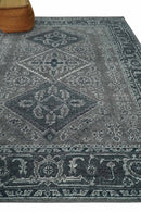 Antique Look Hand Knotted 8x10 Charcoal and Silver Traditional Low Pile Wool Area Rug
