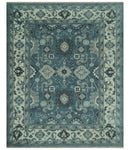 Antique look Shades of Teal and Ivory Traditional Oriental Oushak wool rug