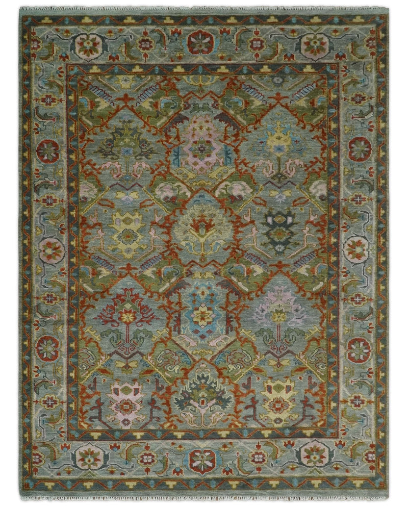 Antique Moss All Wool Traditional Persian Silver, Rust and Blue Hand knotted Oushak Area Rug | TRDCP718