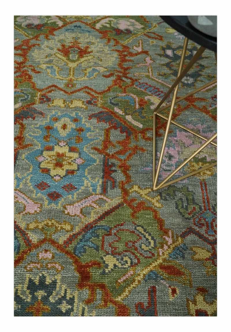 Antique Moss All Wool Traditional Persian Silver, Rust and Blue Hand knotted Oushak Area Rug | TRDCP718