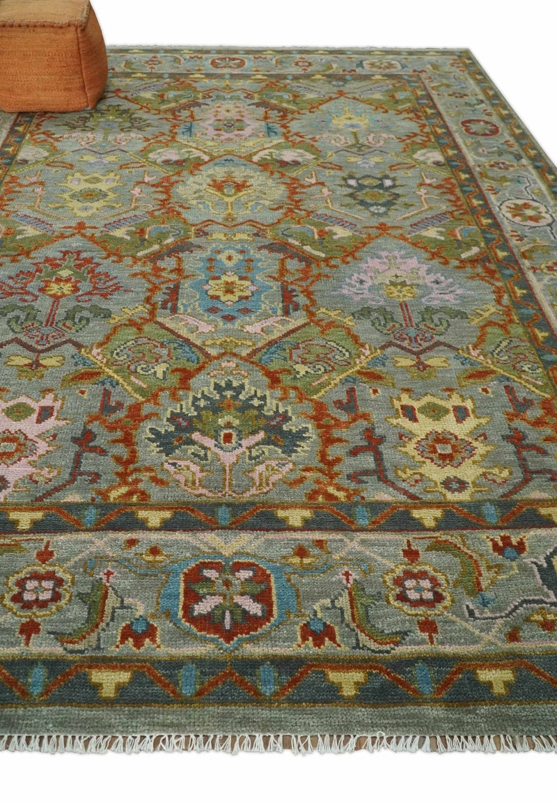 Antique Moss All Wool Traditional Persian Silver, Rust and Blue Hand knotted Oushak Area Rug | TRDCP718