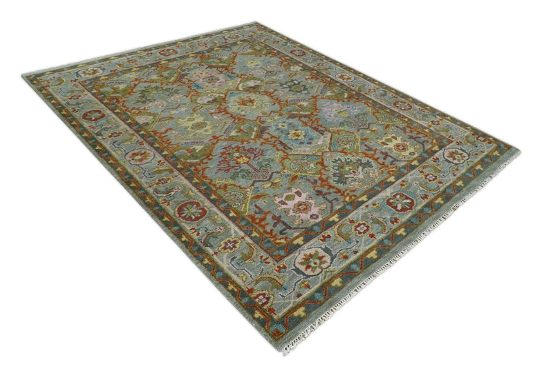 Antique Moss All Wool Traditional Persian Silver, Rust and Blue Hand knotted Oushak Area Rug | TRDCP718