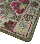Antique Moss Green 5x8 Hand Knotted Beige and Pink Bamboo Silk Area Rug