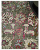 Antique Moss Green 5x8 Hand Knotted Beige and Pink Bamboo Silk Area Rug