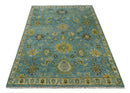 Antique Moss Green and Blue Wool Hand Knotted Traditional Oriental Oushak Wool Area Rug