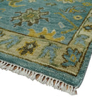 Antique Moss Green and Blue Wool Hand Knotted Traditional Oriental Oushak Wool Area Rug