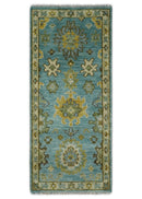 Antique Moss Green and Blue Wool Hand Knotted Traditional Oriental Oushak Wool Area Rug